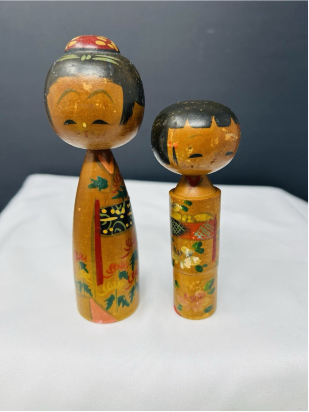 Vtg MCM Pair Dolls Japanese Kokeshi Nodder Bobblehead Wooden Folk art Yajiro